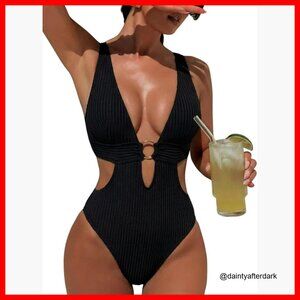 Polyester One Piece Swimsuit Monokini Plunge V Neck Cutout